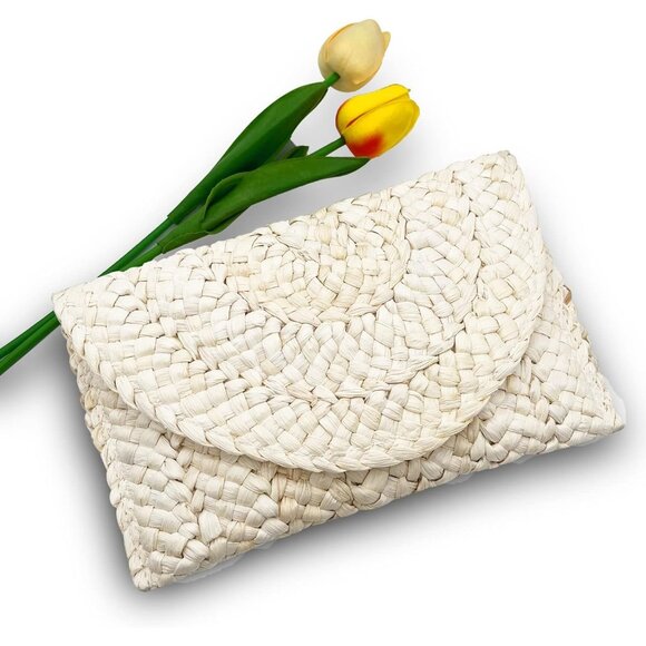 COPY - Women Cream Woven Straw Beach Handbag Envelope Clutch Rattan Clutch - Picture 4 of 7